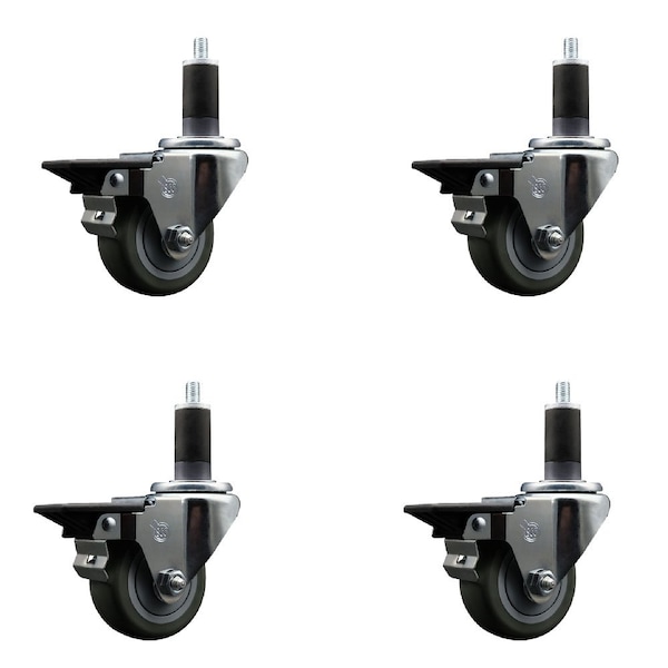 3'' Gray Poly Swivel 1-1/4'' Expanding Stem Caster Set with Brake, 4PK